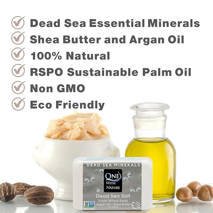 One With Nature Dead Sea Salt Soap 4oz 3-Pack – Purifying Soap Bar with Dead Sea Minerals for Face & Body, for Men & Women. Unscented.