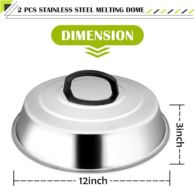 12 Inch Cheese Melting Dome Set of 2, Joyfair Basting Cover for Griddle Grilling Outdoor Camping/Flat Top Teppanyaki, Stainless Steel Lids with Heat-Proof Handle, Dishwasher Safe (No Thermometer)