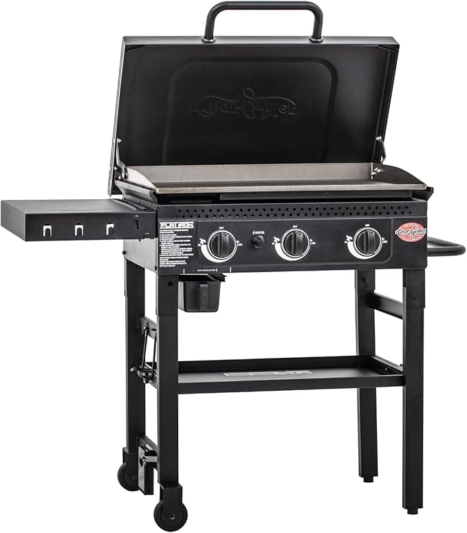 Char-Griller® Flat Iron 3-Burner Propane Gas Flat-Top Griddle with Steel Griddle Top, Hinged Lid and Wind Guards, 520 Cooking Square Inches in Black, Model 8428