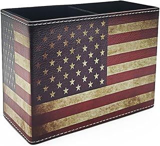 Pen Holder, Rectangle Vintage Pencil Holder with 2 Compartments, PU Leather Art Remote Control Holder Organizer Storage for Desk Accessory (American Flag)