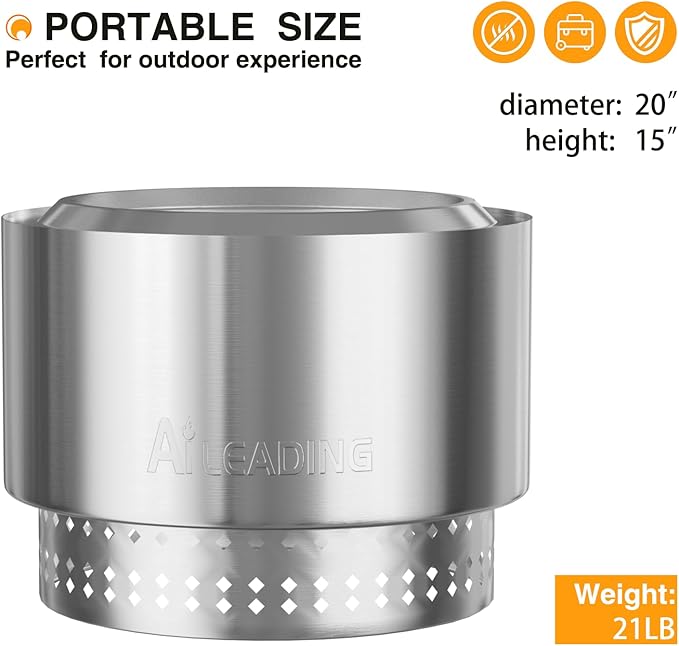 20 Inch Smokeless Fire Pit with Removable Ash Pan, Fire Pits for Outside Wood Burning, Portable Bonfire Outdoor Firepit, Bag & Poker Included, Stainless Steel, Camping Backyard (9KG) (No Legs)