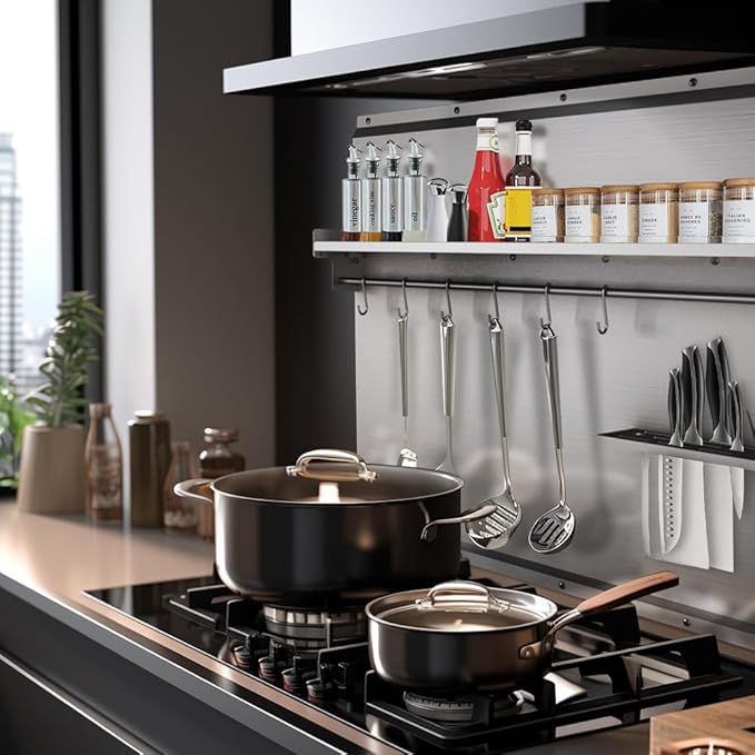 36"x30" Stainless Steel Backsplash for Stove & Range Hood - Range Backsplash with Shelf & Knife Rack, Kitchen Backsplash Wall Shield with Pre-Drilled Holes, Easy Install