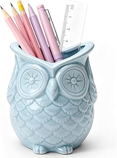 ComSaf Ceramic Pen holder, Owl Shaped Pencil holder for Desk, Unique Owl Gifts Office Desk Accessories, Cute Home Decor, Blue Pencil Cup Pen Organizers for Home, School, Office Decorations, Pack of 1