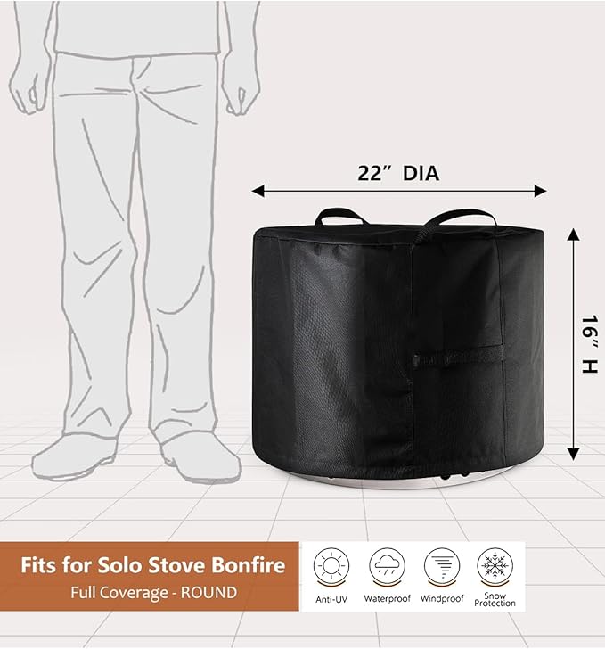 SheeChung Fire Pit Cover for Solo Stove Bonfire 22"D x 16"H Outdoor Smokeless Firepit-Round Waterproof 600D Polyester Shelter,Air Vents,Anti-UV&Tear Resistant-Fits 19-22 inch Gas Fire Pits/Table Black