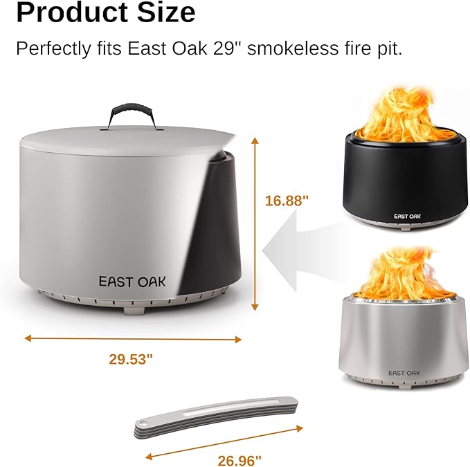 EAST OAK 29'' Fire Pit Cover for Outdoor Smokeless Firepit, 500D Heavy Duty Fabric, Waterproof, Dustproof, and All-Weather Resistant, Light Gray, 29.53"Dia X 16.88"H