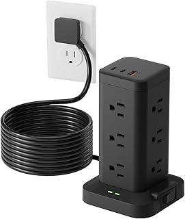 15-in-1 Power Strip Tower with Surge Protector 1800J, Fast Charging Tower PD20W USB-C Ports with 12 AC Outlets, 9.8ft Extension Cord for Home Office Dorm Room, Black