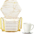 Geila Marble Coasters for Drinks - 8pcs Absorbent Set with Metal Holder, Gold Cup Coasters for Coffee Table, Rustic Home Decor for Living Room Bar - Housewarming Gifts