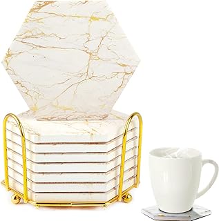 Geila Marble Coasters for Drinks - 8pcs Absorbent Set with Metal Holder, Gold Cup Coasters for Coffee Table, Rustic Home Decor for Living Room Bar - Housewarming Gifts