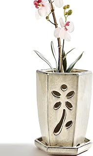 vensovo 4 Inch Ceramic Orchid Pot with Holes and Attached Saucer, Small Hexagon Orchid Planter for Repotting, Promotes Air Circulation and Drainage for Healthy Roots, Indoor Outdoor, Milk White