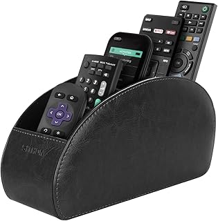 SITHON Remote Control Holder with 5 Compartments - PU Leather Remote Caddy Desktop Organizer Store TV, DVD, Blu-Ray, Media Player, Heater Controllers, Black