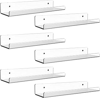 Dezzer Acrylic Floating Shelves, 6 Pack 15" Invisible Shelf Wall Ledge Bookshelf Bedroom Bathroom Kitchen Shelves Book Toys Funko Pop Figures Display Shelves, Clear
