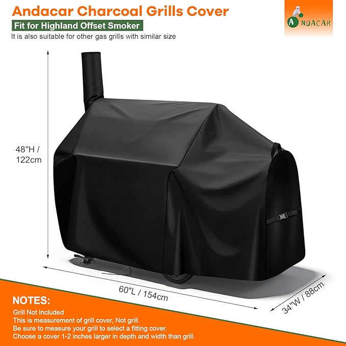Charcoal Grills Cover for Oklahoma Joe's Highland Offset Smoker, Waterproof Outdoor Grill Cover BBQ Grill Cover Barbeque Grill Cover (Cover Only) - 60" L×34" W×48" H, Black