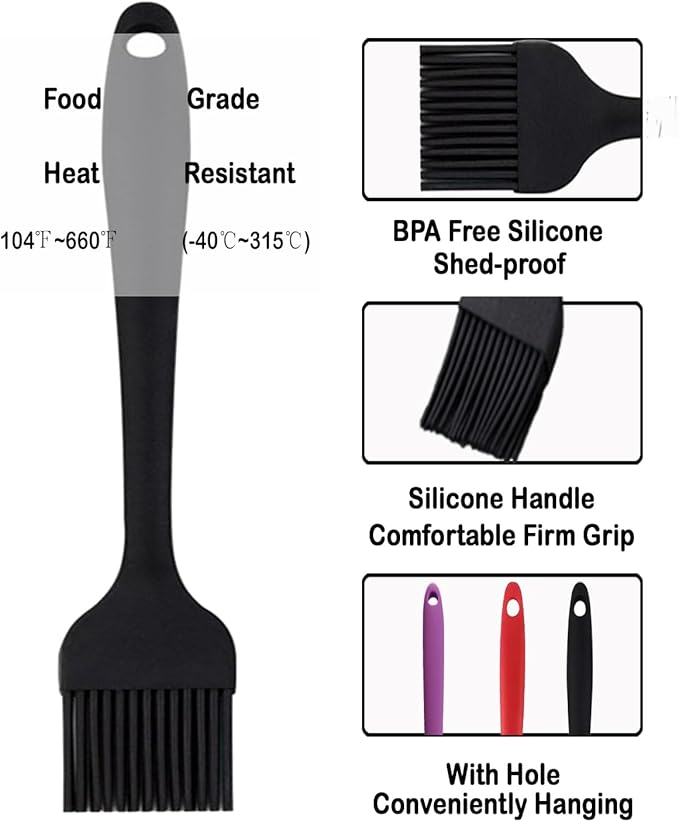 Pastry Brush For Baking,Silicone Basting Brush For Cooking,315°C Heat Resistant Food Brush for Oil & Sauce,Non-Shedding for Kitchen Butter Bread Meat Egg Wash Cake Baster(3pc Red Black Purple)