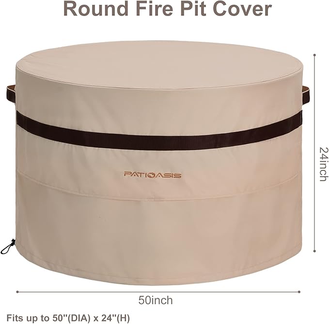 50 Inch Round Fire Pit Cover Beige, Heavy Duty Weatherproof with Air Vent, Outdoor Patio Cover for Fire Bowl & Gas Fire Pit Tables