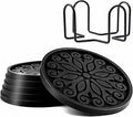Coasters for Drinks,Silicone with Holder,Set of 6 - Great Gift Birthday, Housewarming, Room Decor, Bar, Holiday Party (Black)