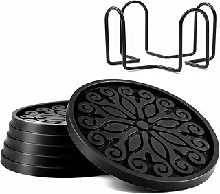 Coasters for Drinks,Silicone with Holder,Set of 6 - Great Gift Birthday, Housewarming, Room Decor, Bar, Holiday Party (Black)