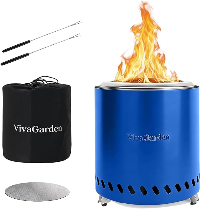 9.5 X 8.6 Inch Tabletop Fire Pit, VivaGarden Portable Firepit, Smokeless Table Top Firepit, Safe Burning Camping Stove, Fueled by Pellets or Wood, Forks, Mat & Travel Bag Included, Blue