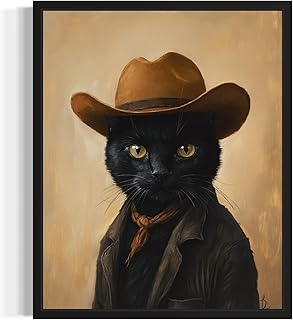 Black Cat Cowboy Art Print Poster Wall Art, Western Country Farmhouse Wild West for Bedroom, Bathroom, Living Room Art Decor 58 (Black Cat, 20"L x 16"W, Unframed)