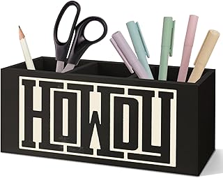 SNNDER Western Office Decor Pen Holder for Desk, Western Gifts for Women Men, Retro Howdy Western Wooden Pen Pencil Holder Organizer for Home Office Desk Accessories