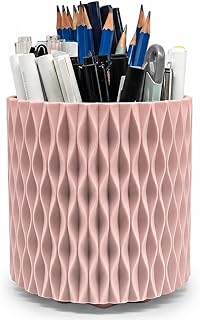Lebenrich Rotating Pencil Holder for Desk, 5 Slots Unique Pink Organizer Easthetic Desktop Supplies and Accessories for Women Girls, Pen Cup Caddy for Office Home Art Supply