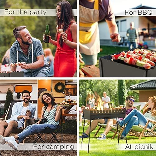Charcoal Grill for 12 Skewers - Portable BBQ Mangal - Foldable Metal Grill for Shashlik, Kebab, Picnic, Outdoor Cooking (Skewers Not Included)