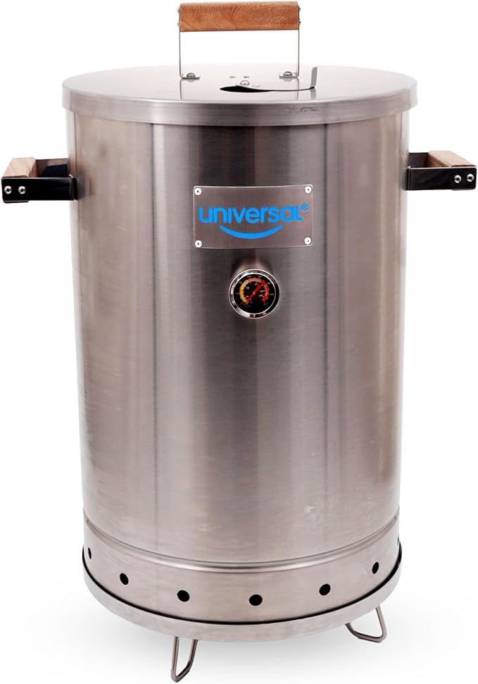Universal 20-pound Stainless Steel (25-servings) Charcoal Barrel Smoker with Thermometer & Airlock system - 20.5"x 29.6" x ⌀15.5", 2 in 1 Vertical Grill and Smoker, Slow Cooking Barrel