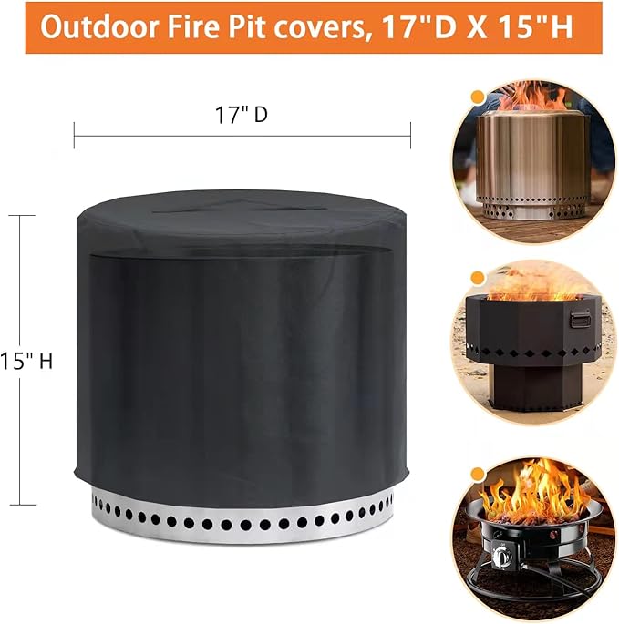 Fire Pit Cover for Solo Stove Cover Ranger 15 Inch, 600D Waterproof Anti-UV & Tear Resistant Round Cover All-Weather Outdoor Protection, Black, 17" D x 15" H