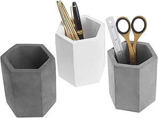 MyGift Set of 3 Cement Decorative Hexagon Multi-Colored Desktop Pen Holder and Pencil Office Supply Stationary Storage Cups (White, Gray, Black)
