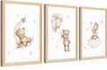 Framed Teddy Bear Wall Art Nursery Decor Set of 3, Bear Sleeping on The Moon and Stars Pictures Canvas, Neutral Bears Poster Prints Wall Decor for Kids Baby Room Girls Children Room – 12x16 inch