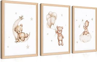 Framed Teddy Bear Wall Art Nursery Decor Set of 3, Bear Sleeping on The Moon and Stars Pictures Canvas, Neutral Bears Poster Prints Wall Decor for Kids Baby Room Girls Children Room – 12x16 inch