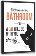 LLEEMPI Funny Bathroom Wall Art, Cat Quote “Welcome to the Bathroom” Canvas Painting, Black White Minimalist Animal Poster Print, Cute Cat Wall Decor for Restroom or Toilet Wood Framed 8x10 Inch