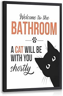 LLEEMPI Funny Bathroom Wall Art, Cat Quote “Welcome to the Bathroom” Canvas Painting, Black White Minimalist Animal Poster Print, Cute Cat Wall Decor for Restroom or Toilet Wood Framed 8x10 Inch