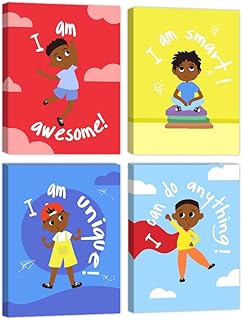Wall Art Decor for Boys Room - Motivational Black Canvas Prints for Bedroom - African American Artwork With Inspirational Words - Kids or Teen Gift Idea - Framed Canvas Set of 4