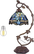 WERFACTORY Tiffany Lamp Blue Stained Glass Dragonfly Table Lamp Metal Leaf Desk Reading Light 8X10X21 Inches Decor Small Space Bedroom Home Office S631 Series