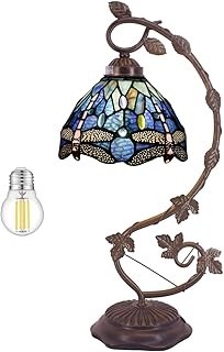WERFACTORY Tiffany Lamp Blue Stained Glass Dragonfly Table Lamp Metal Leaf Desk Reading Light 8X10X21 Inches Decor Small Space Bedroom Home Office S631 Series