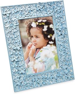 Isaac Jacobs 4x6 Blue Flower Textured Hand-Crafted Resin Picture Frame w/Easel & Hook for Tabletop & Wall Display, Decorative Floral Design Home Décor, Photo Gallery, Art (4x6, Blue)