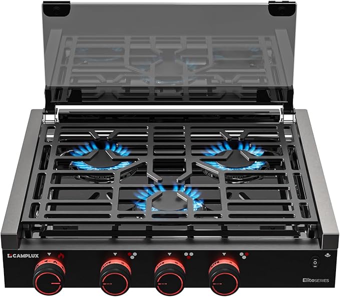 CAMPLUX Elite RV Stove 3 Burners, 21,000 BTU Propane Cooktop with Tempered Glass Cover & Flame Failure Protection, 21-Inch Slide-In Gas Rangetop for RVs, Campers, Motorhomes, and Boats, Black