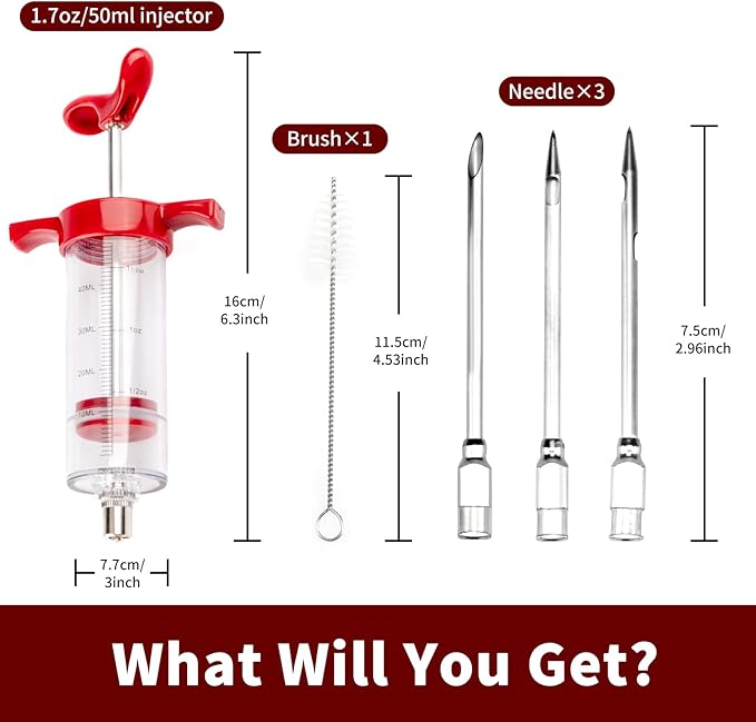 Turkey Meat Injector Syringe Kit with 3 Marinade Needles for BBQ Grill Smoker, 1 Cleaning Brush, 1.7 Oz/50 ml Large Capacity Injector Marinades for Meats Red