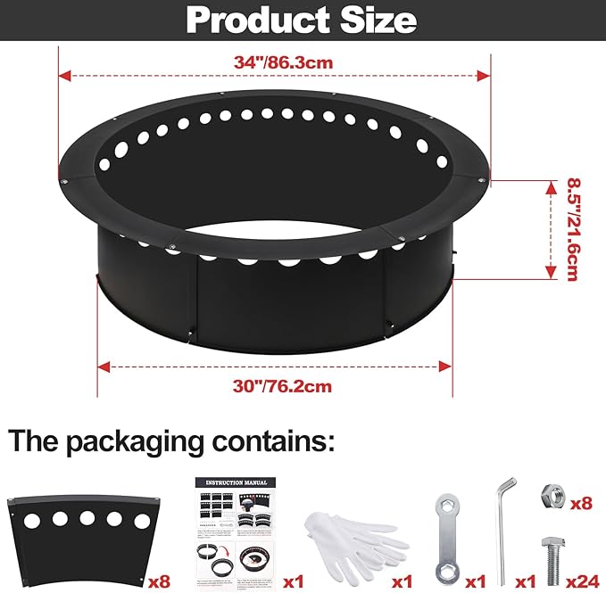 Outdoor Smokeless Fire Pit Ring 34 Inch Outer/30 Inch Inner Diameter, Heavy Duty Metal Round Liner Insert for Outside DIY Campfire or Bonfire Ring, Above or In Ground Use