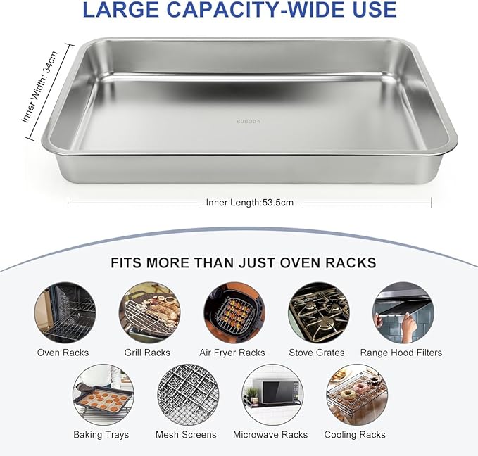 LANMU Stainless Steel Oven Rack Cleaning Tray, Large Capacity Soaking Tray for Grill Grates, Roasting Pans, Cooling Racks, Air Fryer Parts and More, Reusable & Leak-proof Oven Shelf Cleaning Tool