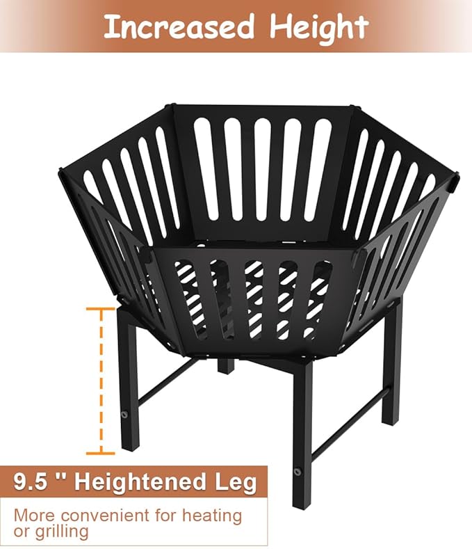 22.5 Inch Portable Hexagon Fire Pit with Travel Bag — Heightened Smokeless Design Outdoor Wood Burning Fire Pit for Camping, Backyard, Patio, Bonfire, Picnic and BBQ, Vertical Hollow Style