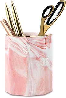 Pen Pencil Holder for Desk, Durable Ceramic Pens Organizer, Makeup Brush Holder, Table Decor and Desk Accessories, Perfect Office Home Organization for Women Girl, Teacher Supplies, Pink Marble