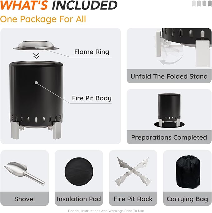 Mini Smokeless 7 Inch Tabletop Fire Pit with Pan Stand and Insulation Mat, Portable Stainless Steel Fire Pit for Camping, Patio Tabletop Firepit, Burns Wood or Pellets, Travel Bag Included, Black