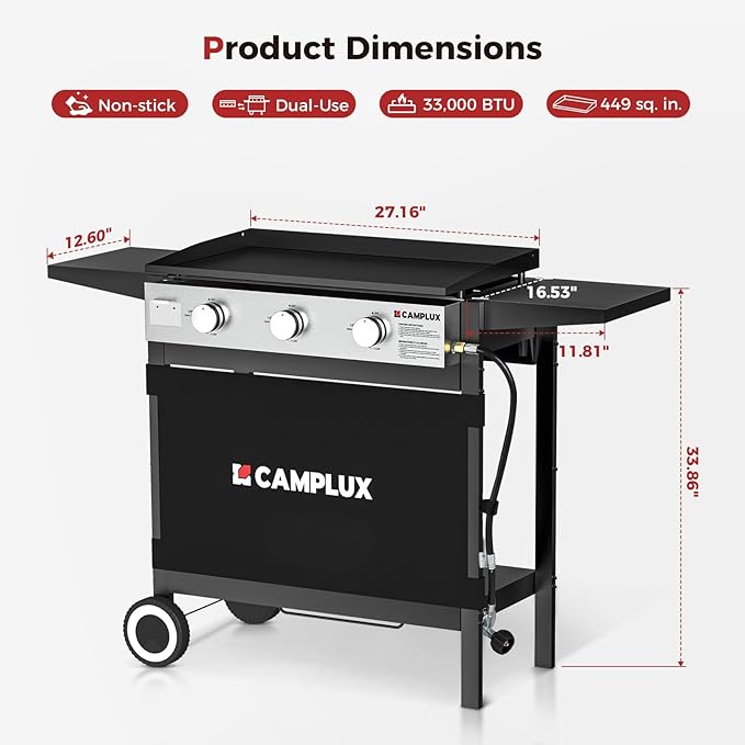 CAMPLUX Propane Griddle Flat Top, 3-Burner Gas Griddle with 3mm Thick Non-Deformable Plate & Ceramic Non-Stick Coating, 33,000 BTU Outdoor Cooking Station with Wheels and Side Shelves for Camping