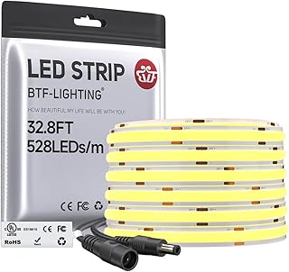 BTF-LIGHTING FCOB COB LED Strip Warm White 3000K, UL Listed 528LED/m High Density Uniform Light, 32.8FT DC24V CRI 90+ 10mm Width Tape Light for Home Indoor DIY Lighting(No Adapter or Controller)