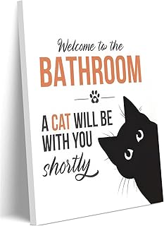 Ovczax Funny Bathroom Wall Art, Welcome To Bathroom Cat Decor, Wall Decor Frame, Funny Cat Will Be With You Sign 16" x 12"