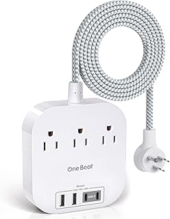 One Beat Power Strip with USB C, 3 Outlets 4 USB Ports (22.5W/4.5A) Desktop Charging Station, Flat Plug, 6ft Braided Extension Cord, Non Surge Protector for Travel, Cruise Ship, ETL Listed
