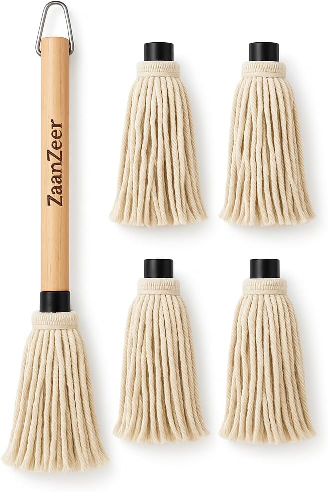 BBQ Mop Brush with 4 Replaceable Cotton Heads – 18" Extra-Long Wooden Handle Grill Basting Mop for Barbecue Sauces, Marinades & Butter – Professional Pitmaster Basting Brush