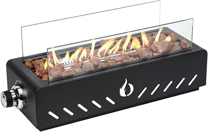 ONLYFIRE OUTDOOR LIVING 18" Propane Gas Fire Pit with Glass Wind Guard & Lava Rocks, Portable Tabletop Smokeless Firepit Side-Mounted for Patio Backyard Camping Tailgating RV, Hose Included, FP026