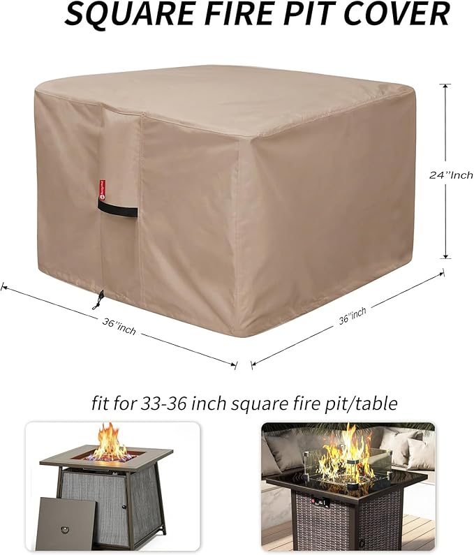 [2026 Upgraded]SheeChung Fire Pit Cover Square 36"L x 36"W x 24"H,Heavy Duty 600D Waterproof Outdoor Firepit Cover,Fit for 32/34/36 Inch Propane Firepit Table,Gas Fire Pit Table Covers with Drawstring